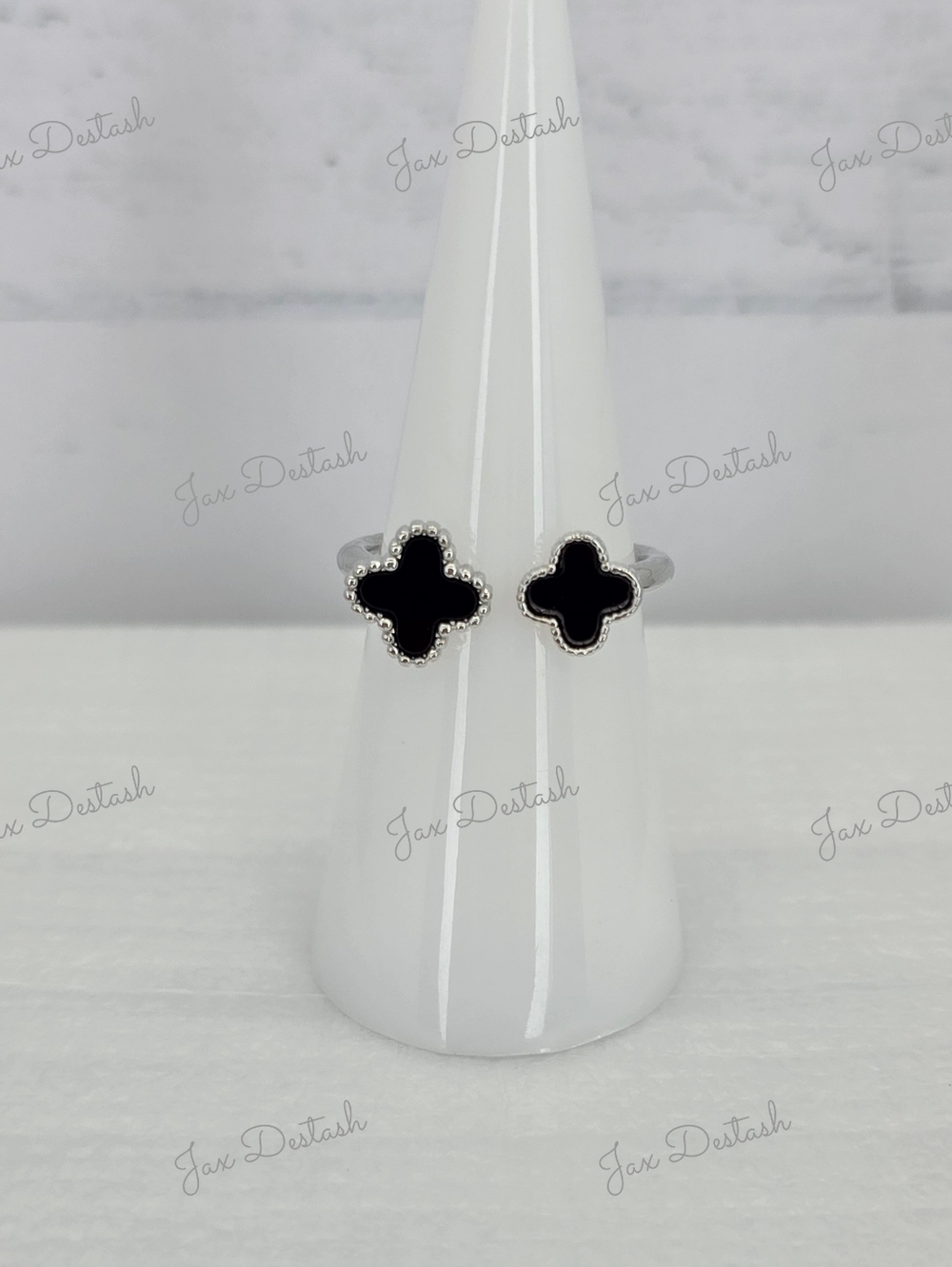 Silver Tone Double Black Clover Ring RG025